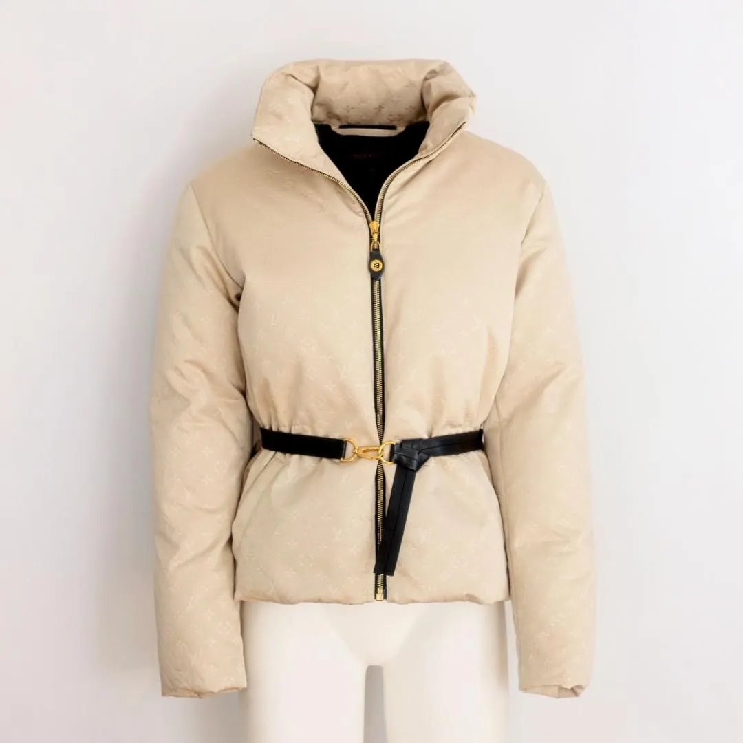 LOUIS VUITTON - BEIGE MONOGRAM PUFFER JACKET WITH BLACK LEATHER BELT SIZE 36 FR