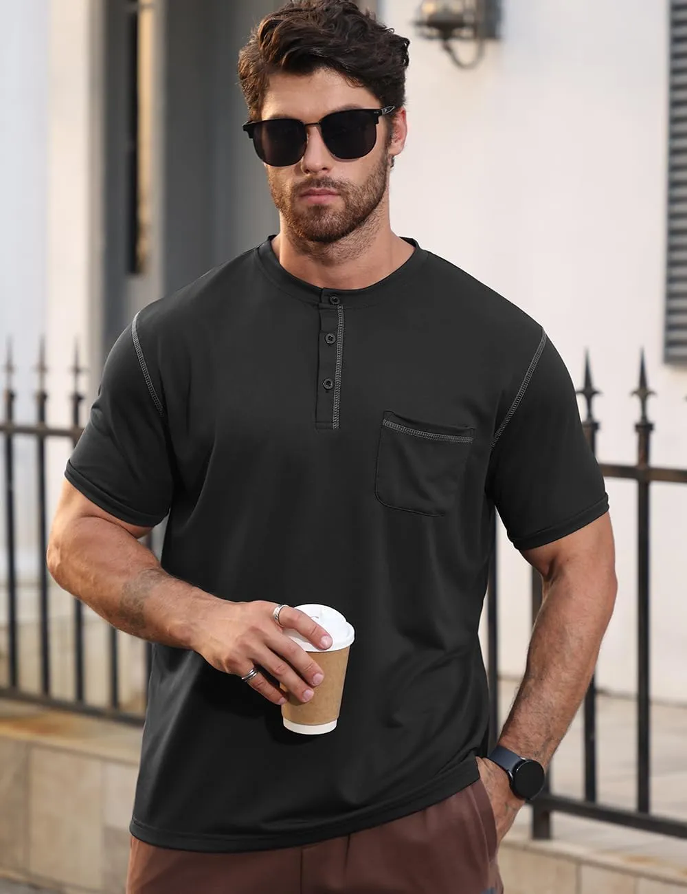 Men's Henley Shirt Short Sleeve T-Shirt Casual Top Pullover Summer Lightweight Tee Shirts with Button