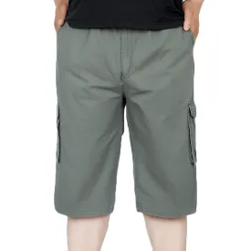 Mens Multi-pocket Solid Color  Elastic Waist Loose Fit Calf-length Casual Cotton Cargo Shorts