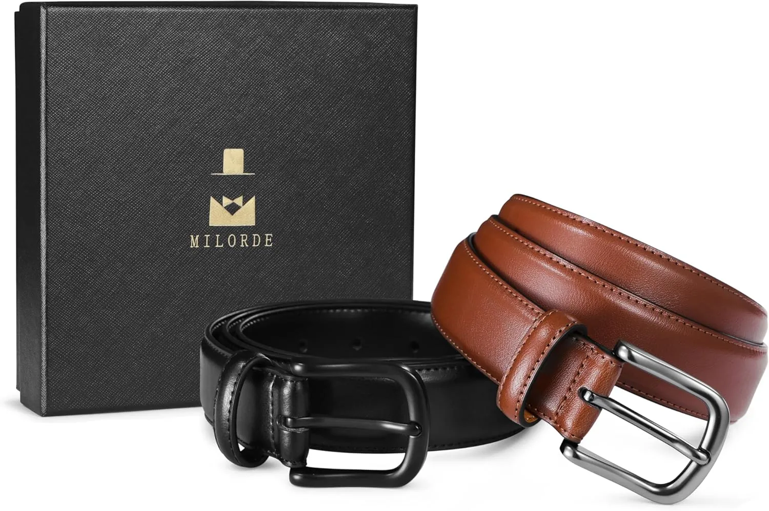 MILORDE Men's Leather Dress Belt 2Pack, Handmade, Genuine Leather, Fashion & Classic Designs for Work Business and Casual