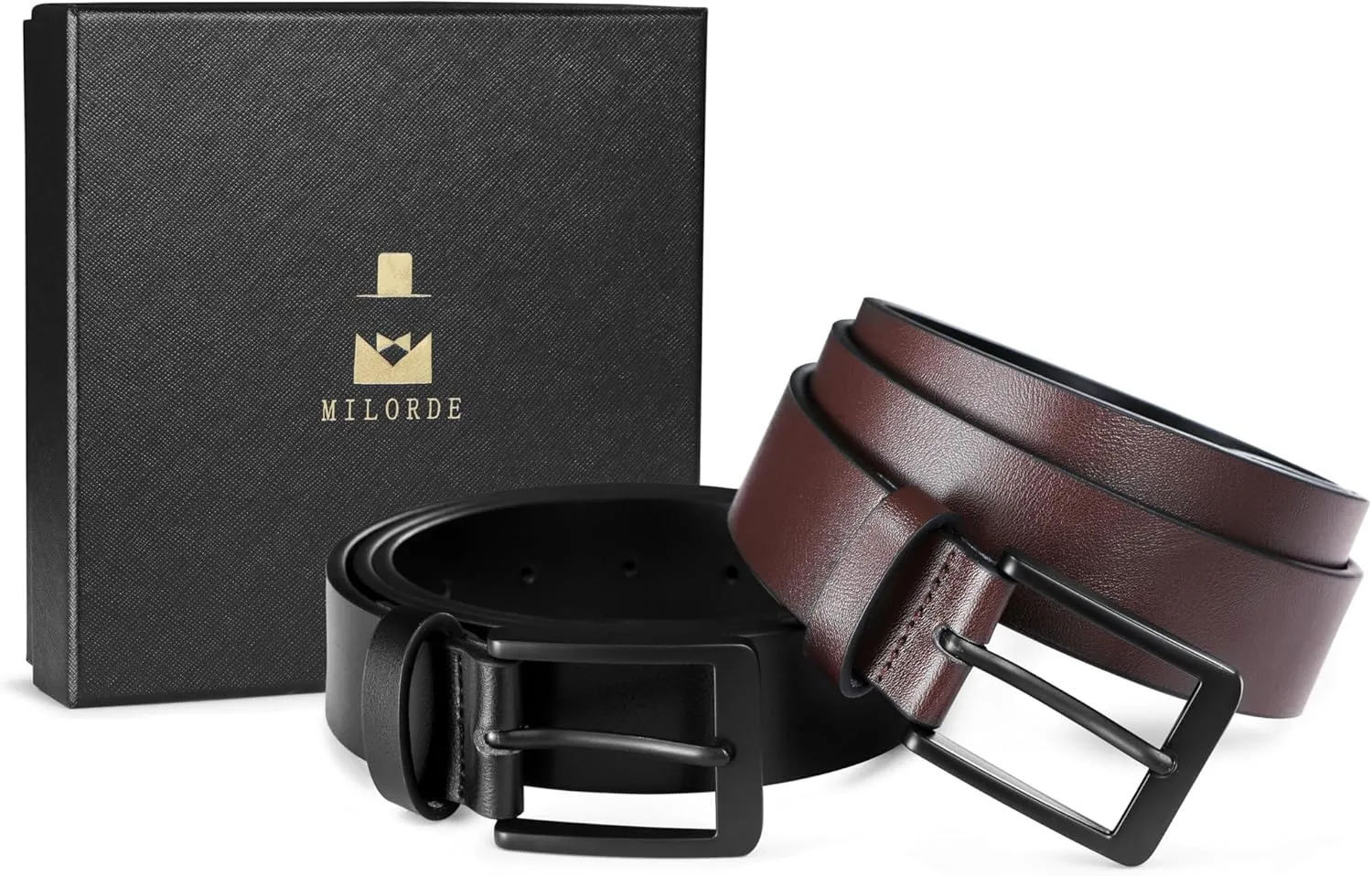 MILORDE Men's Leather Dress Belt 2Pack, Handmade, Genuine Leather, Fashion & Classic Designs for Work Business and Casual
