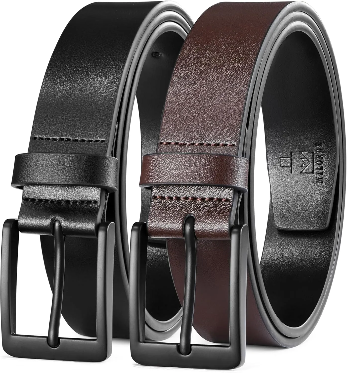 MILORDE Men's Leather Dress Belt 2Pack, Handmade, Genuine Leather, Fashion & Classic Designs for Work Business and Casual