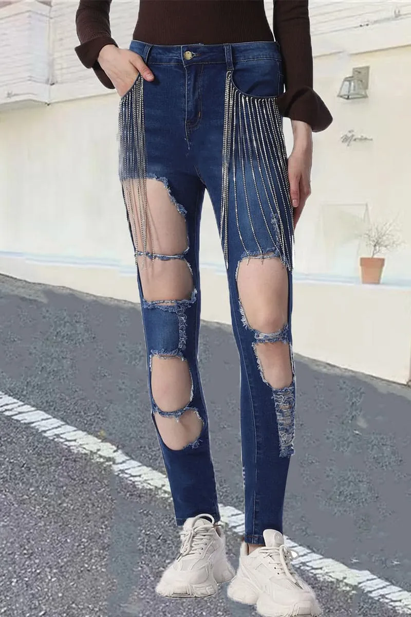 PA470 Rhinestones Cutout Jeans