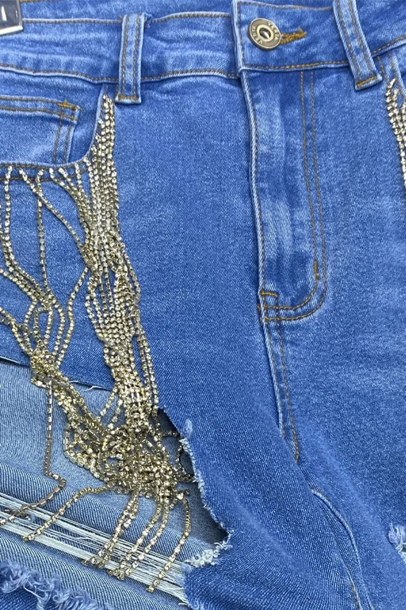 PA470 Rhinestones Cutout Jeans