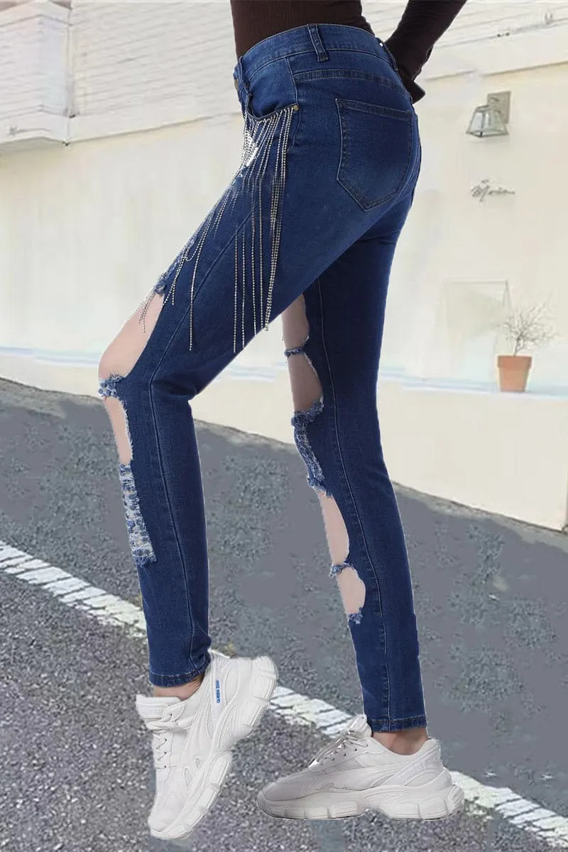 PA470 Rhinestones Cutout Jeans