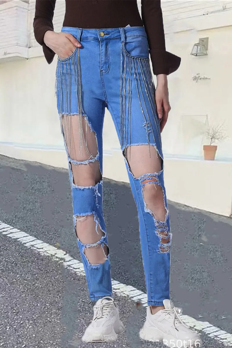 PA470 Rhinestones Cutout Jeans