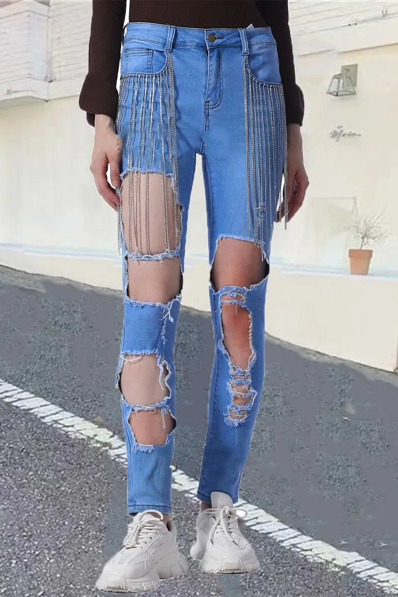 PA470 Rhinestones Cutout Jeans