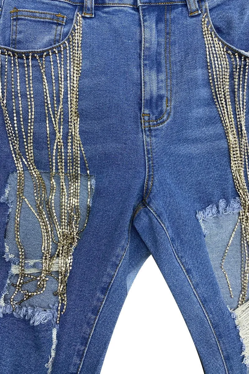 PA470 Rhinestones Cutout Jeans