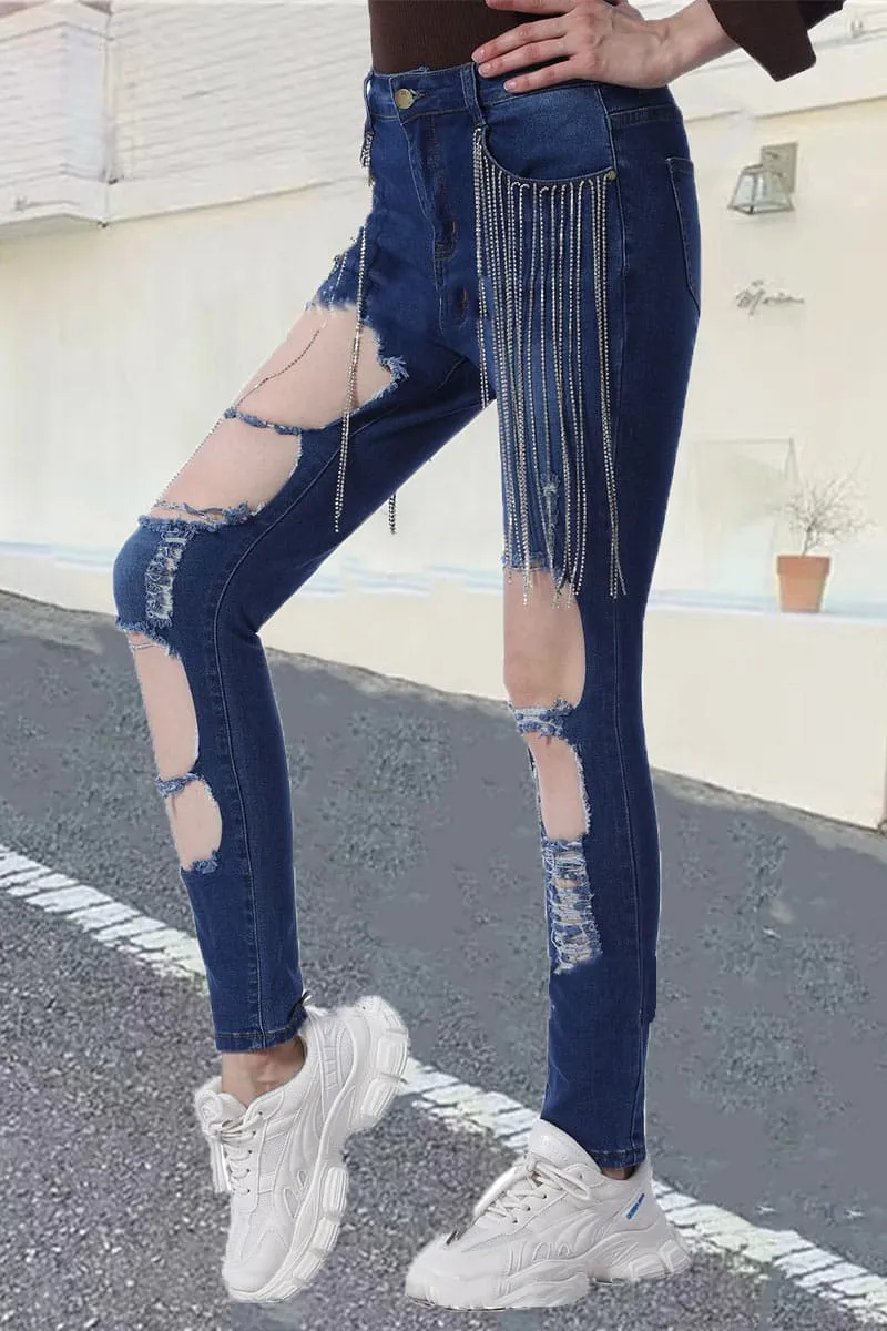 PA470 Rhinestones Cutout Jeans