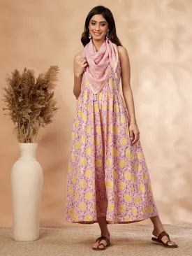 Pink Printed Sleeveless Gathered Dress
