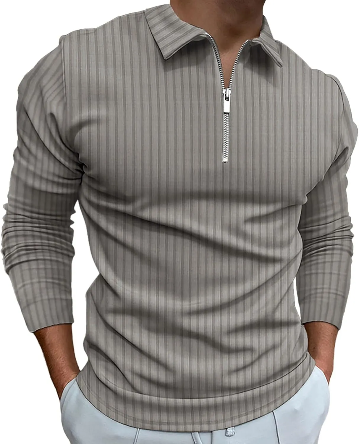 Polo Shirts for Men Golf Shirts Long Sleeve Zip Up Lapel Business Smart Casual Tops Henley V Neck Rugby
