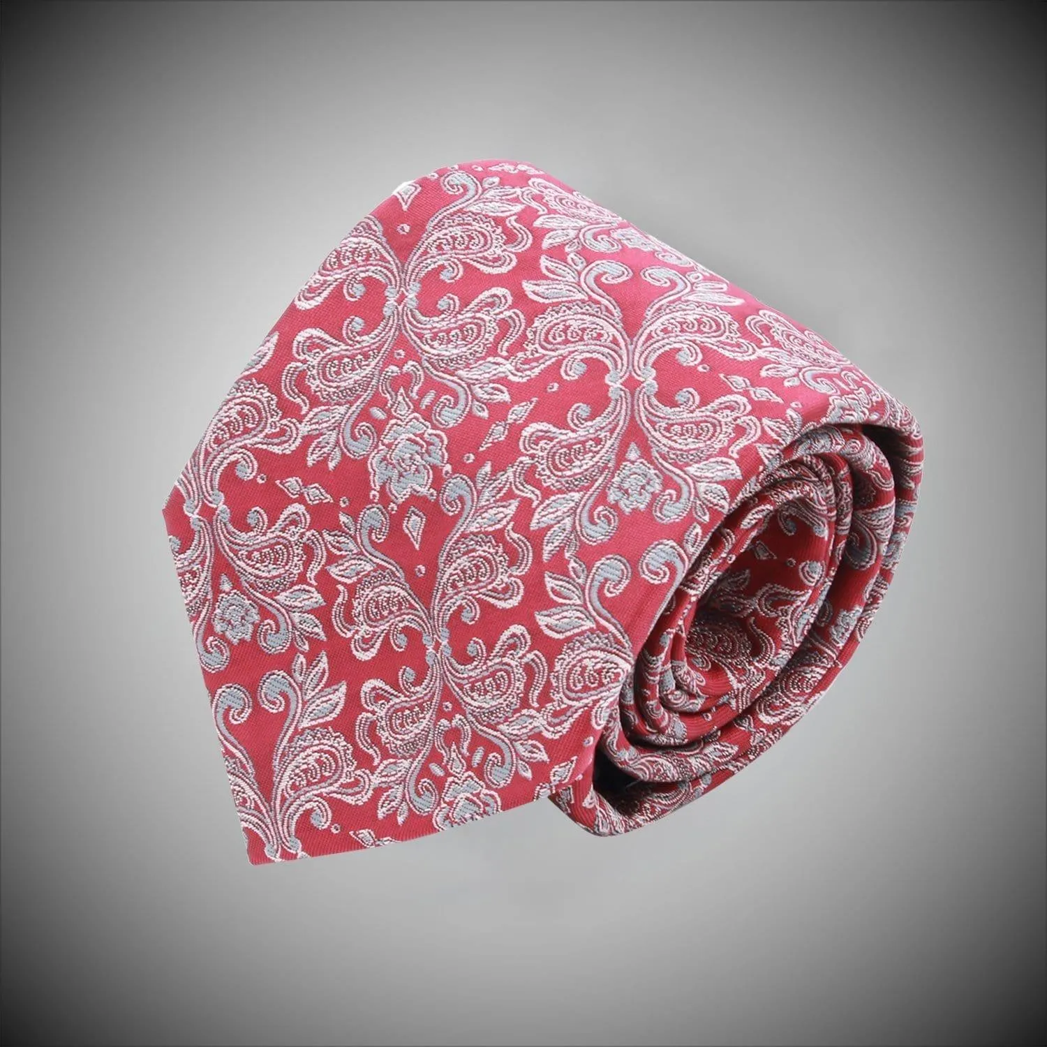 Red Ground With Grey Floral Pattern Woven Silk Tie