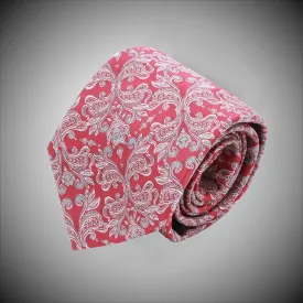 Red Ground With Grey Floral Pattern Woven Silk Tie