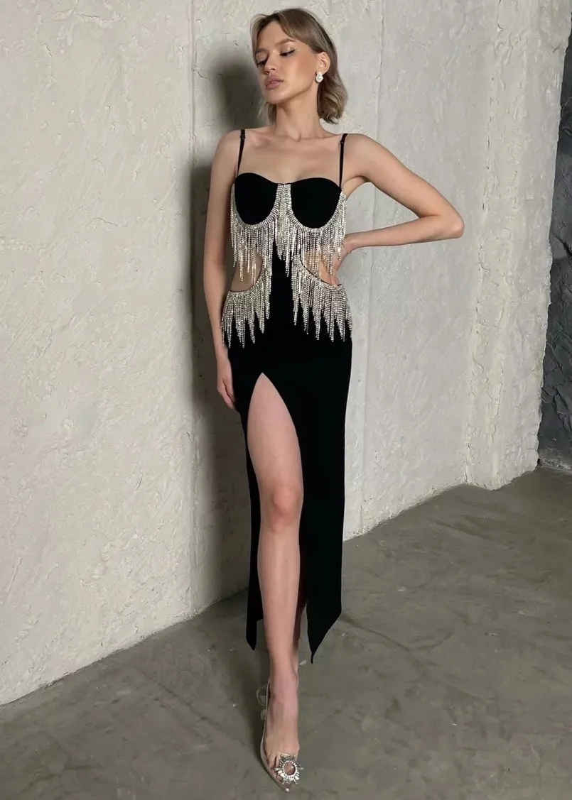 Rhinestones Tassel Hollow Out Bodycon Dress