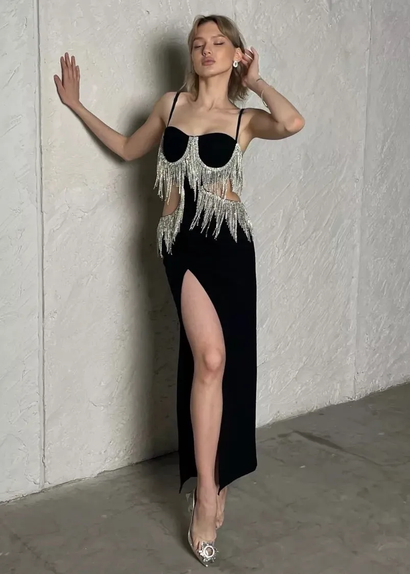 Rhinestones Tassel Hollow Out Bodycon Dress
