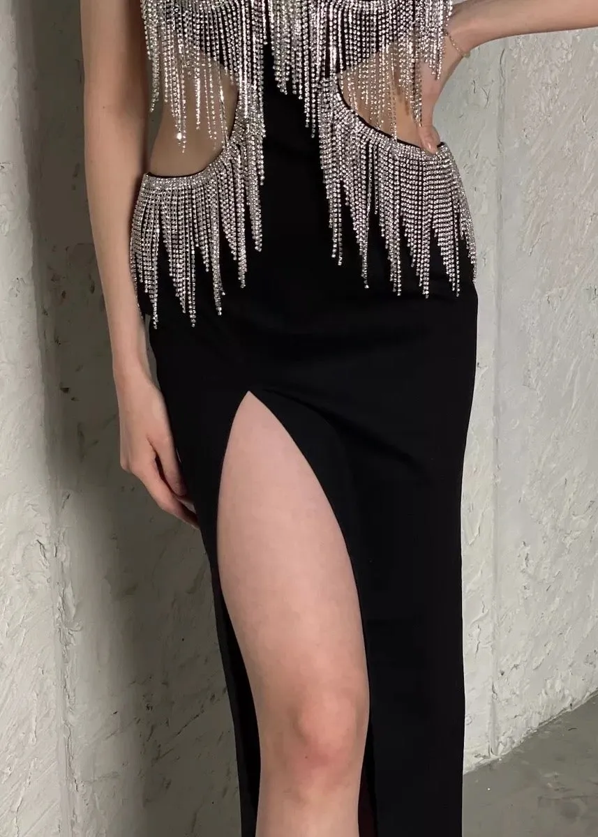Rhinestones Tassel Hollow Out Bodycon Dress