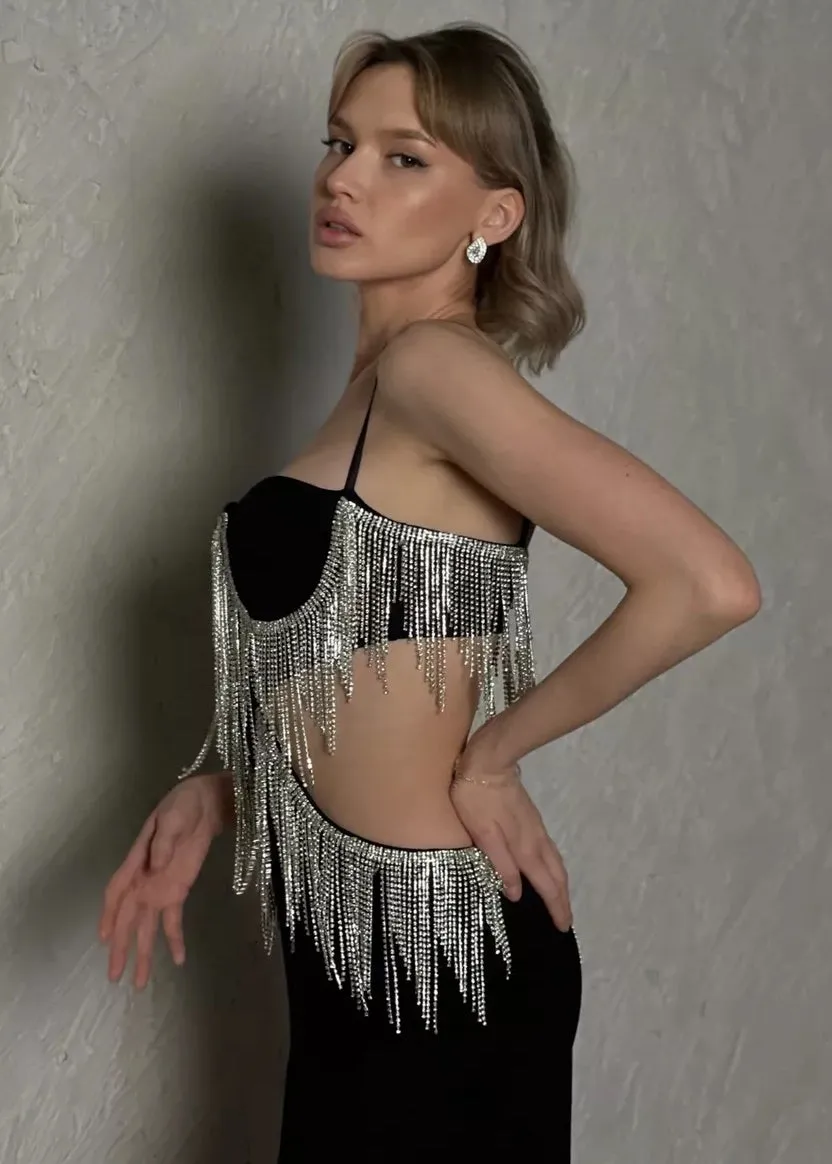 Rhinestones Tassel Hollow Out Bodycon Dress