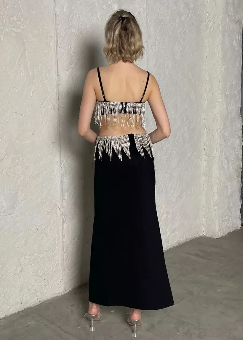 Rhinestones Tassel Hollow Out Bodycon Dress