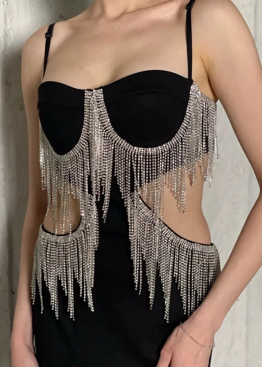Rhinestones Tassel Hollow Out Bodycon Dress
