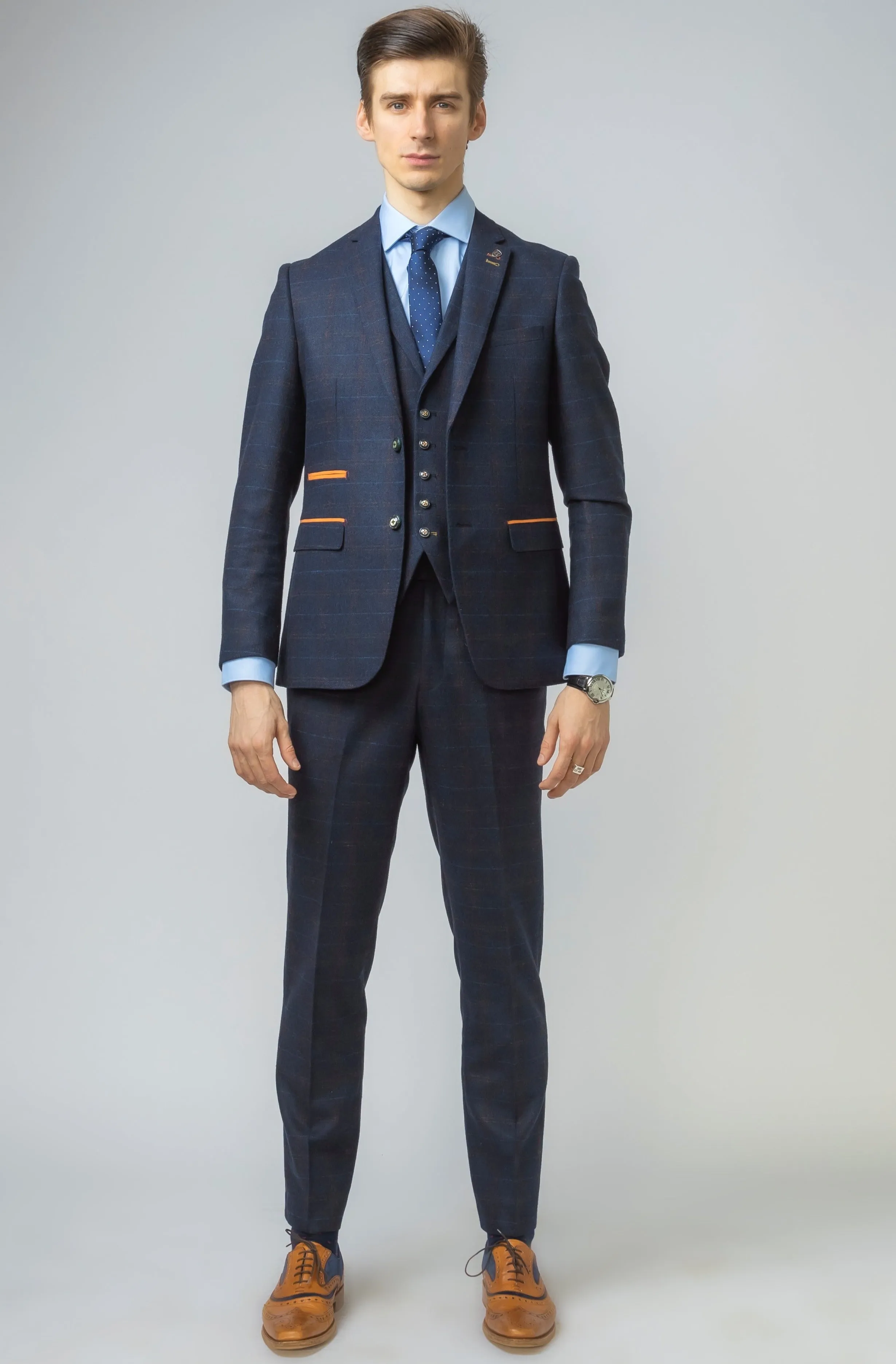 Ryan Navy Blue Tweed Check 3 Piece Suit | Wedding Wear | Office Suit | Check Suit