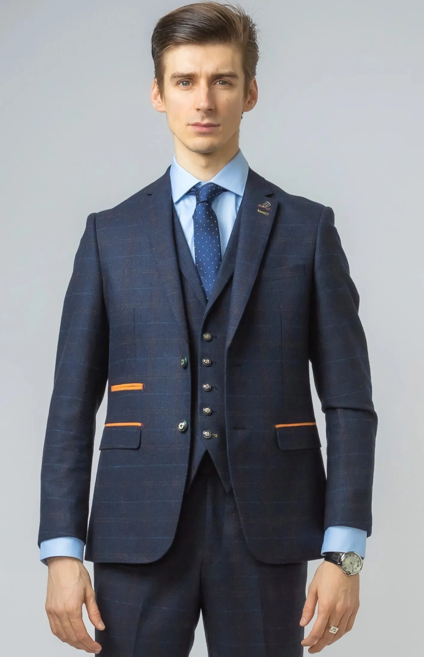 Ryan Navy Blue Tweed Check 3 Piece Suit | Wedding Wear | Office Suit | Check Suit
