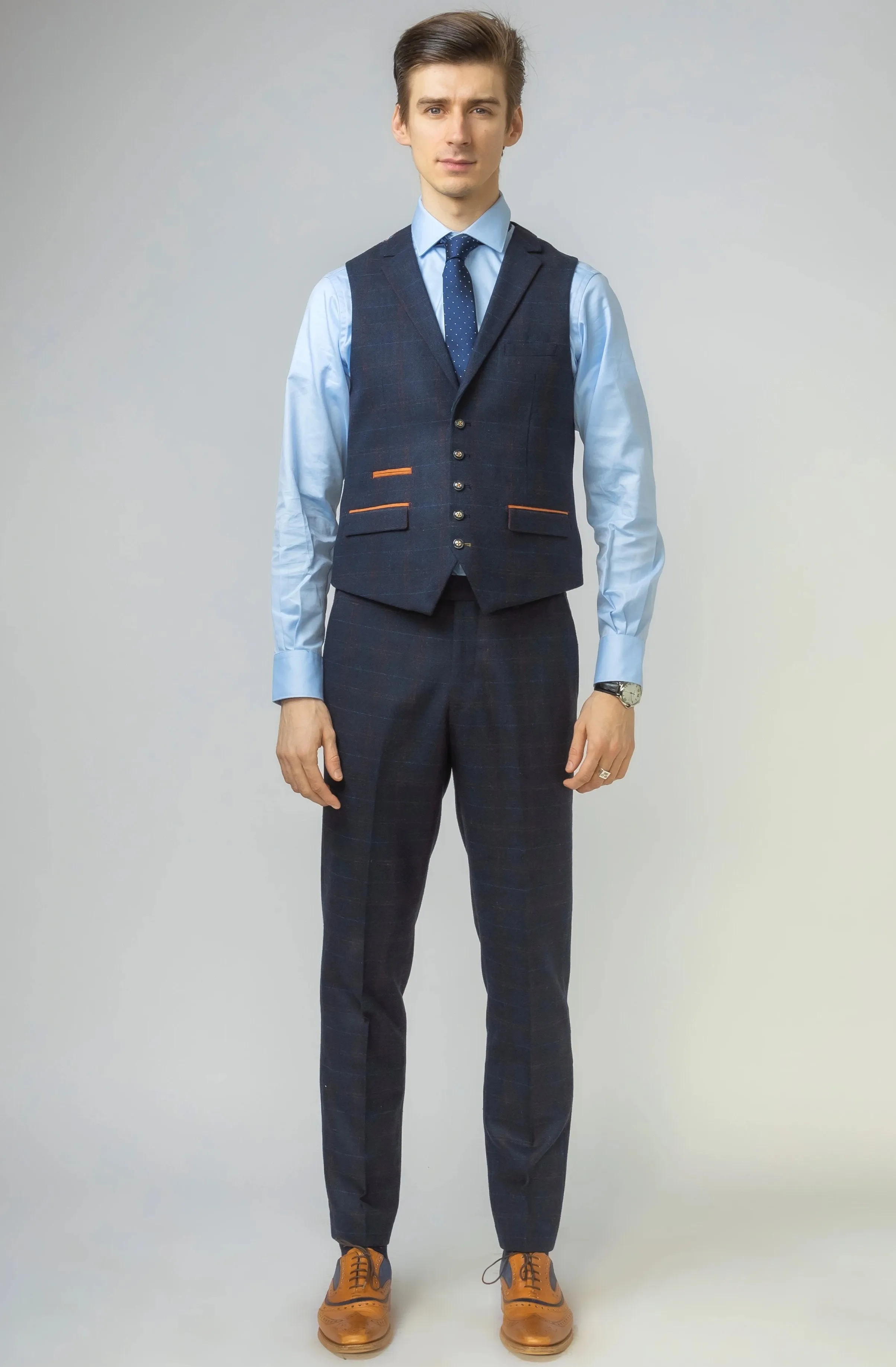 Ryan Navy Blue Tweed Check 3 Piece Suit | Wedding Wear | Office Suit | Check Suit