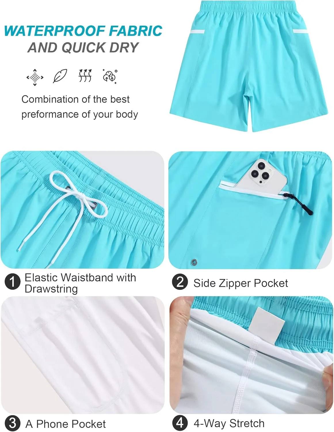 SILKWORLD 7 Inch Mens Swim Trunks with Compression Liner Quick-Dry Bathing Suit with Zipper Pockets