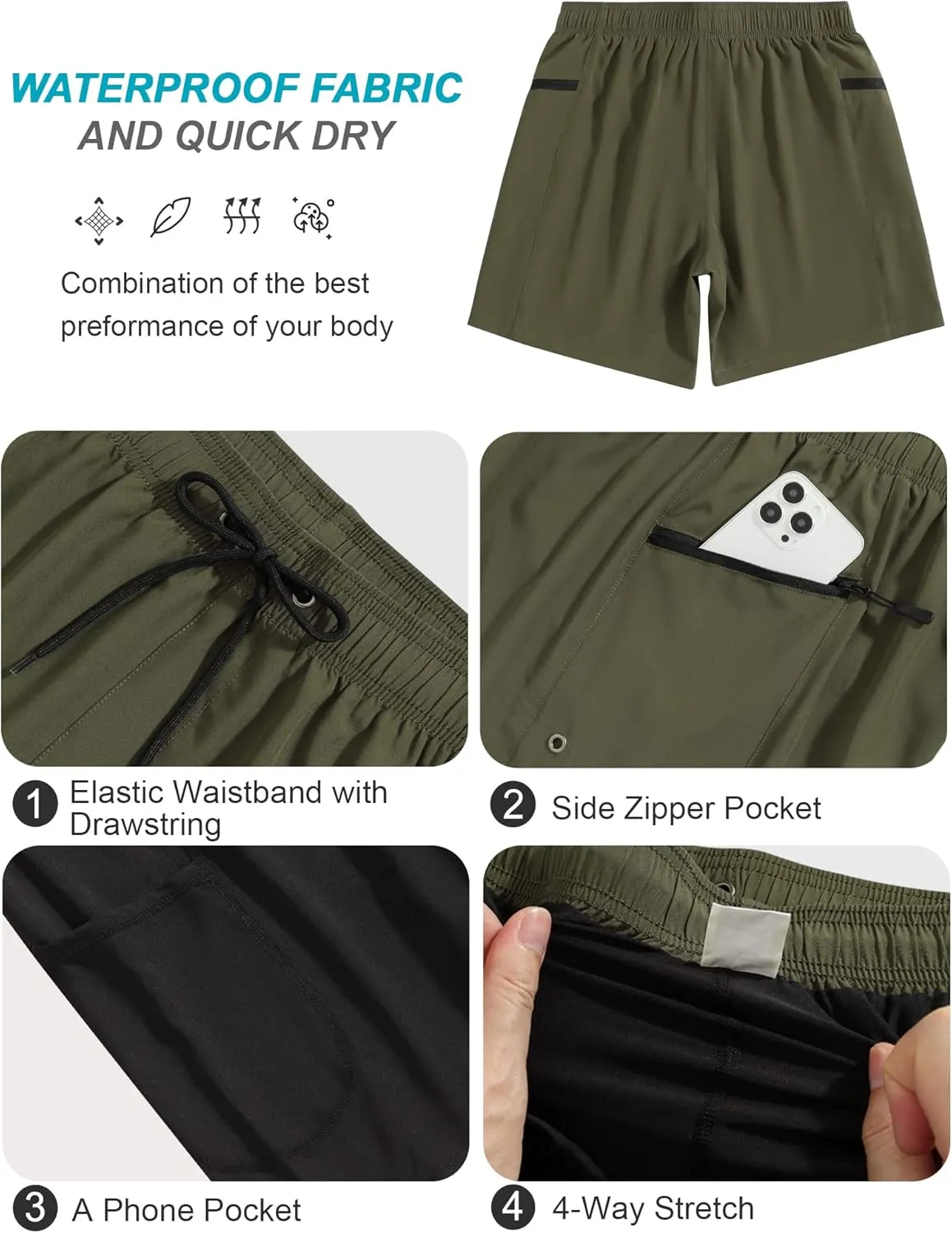 SILKWORLD 7 Inch Mens Swim Trunks with Compression Liner Quick-Dry Bathing Suit with Zipper Pockets