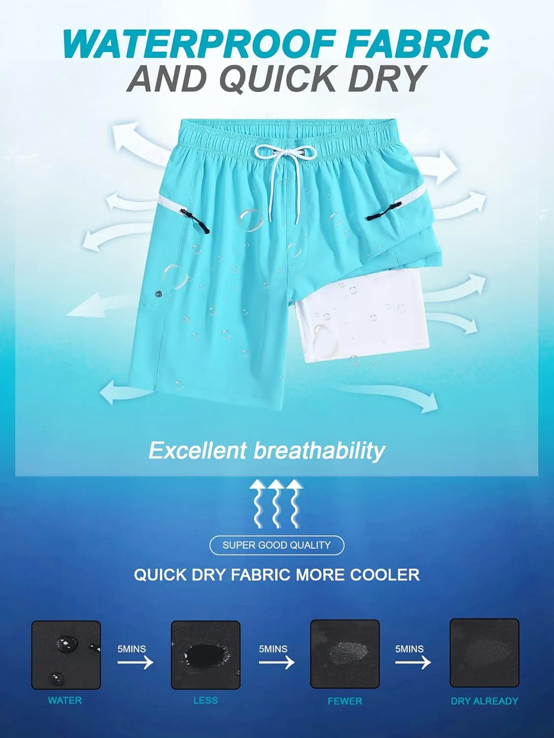 SILKWORLD 7 Inch Mens Swim Trunks with Compression Liner Quick-Dry Bathing Suit with Zipper Pockets