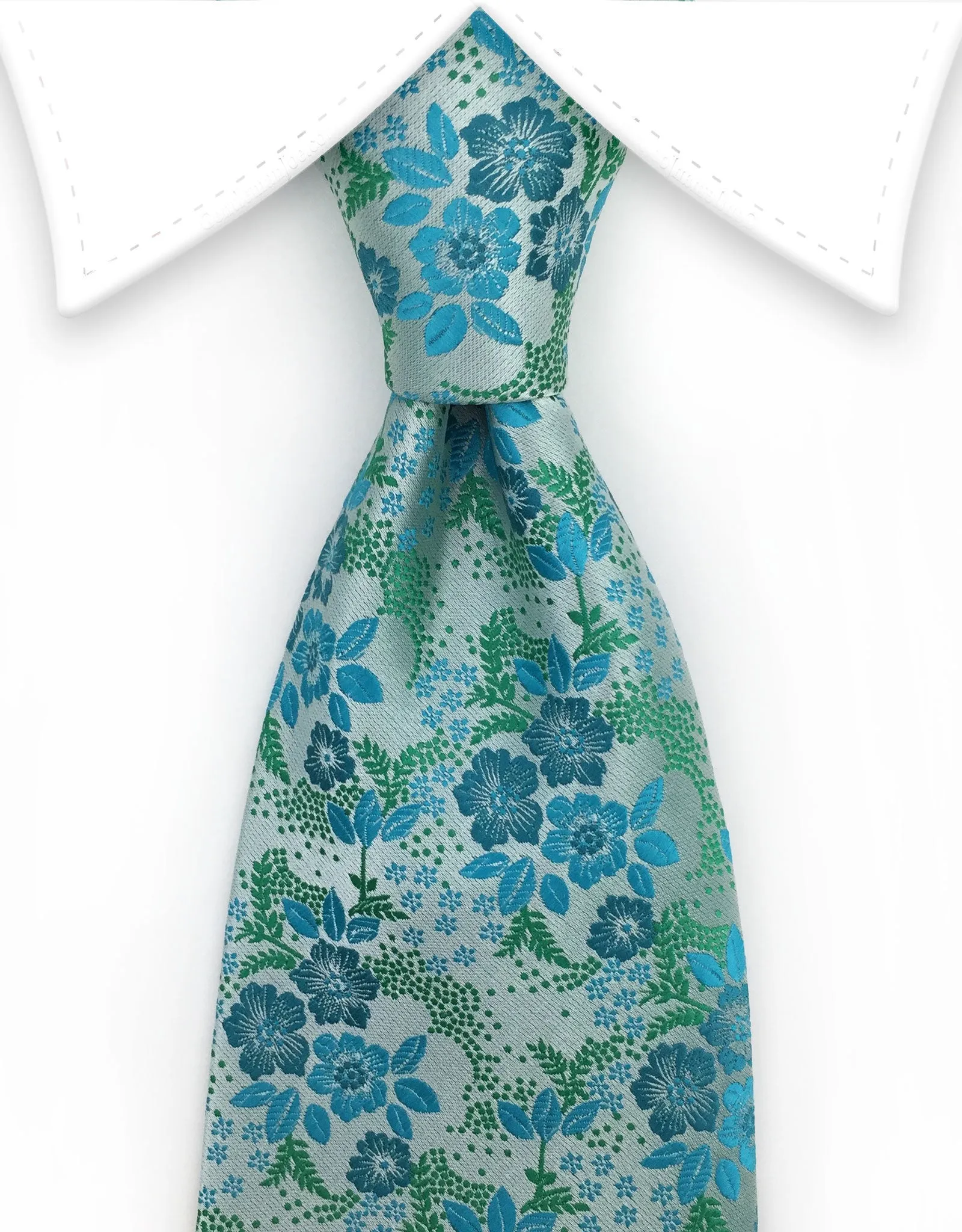 Silvery Green, Turquoise, Floral Silk Tie