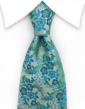 Silvery Green, Turquoise, Floral Silk Tie