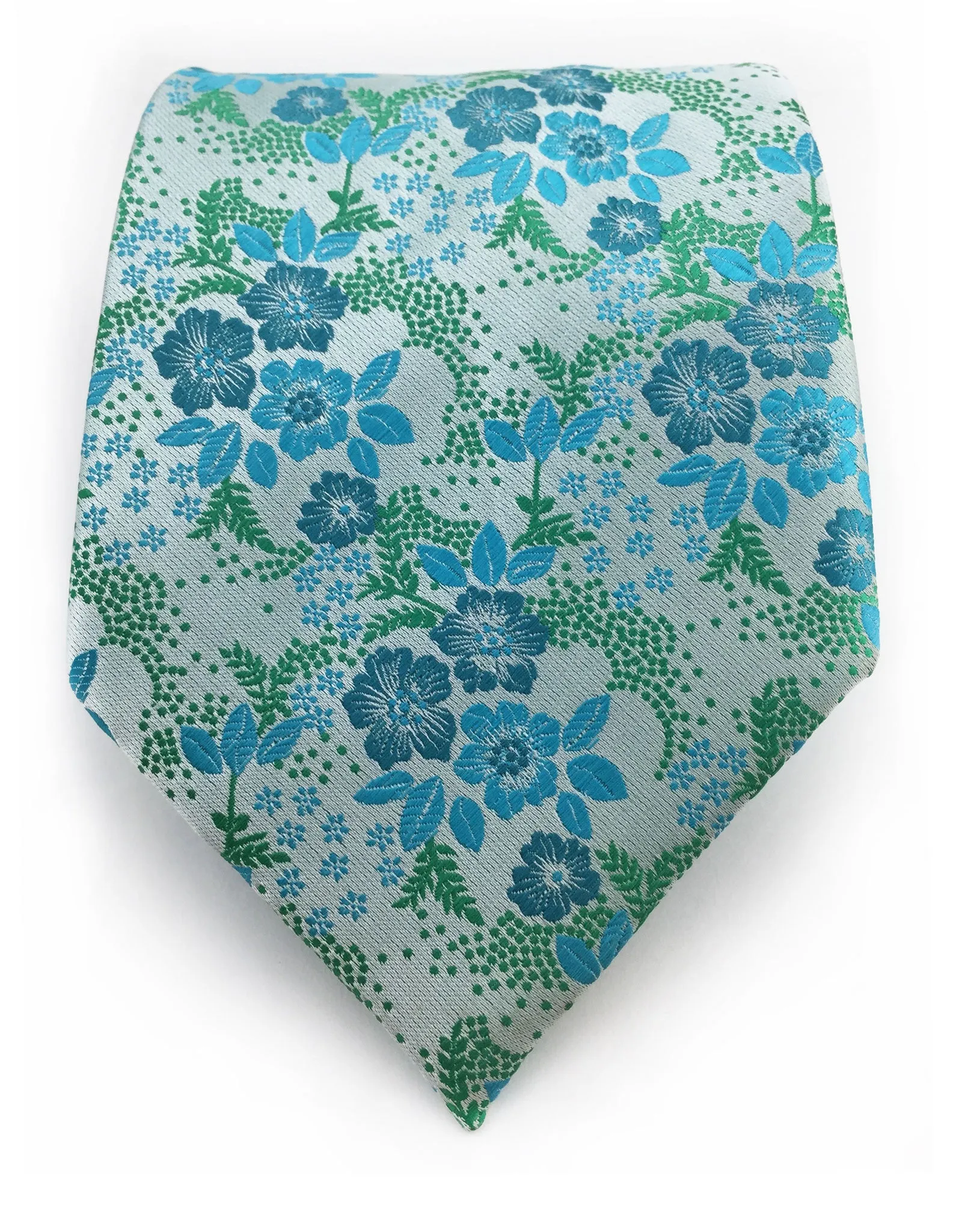 Silvery Green, Turquoise, Floral Silk Tie