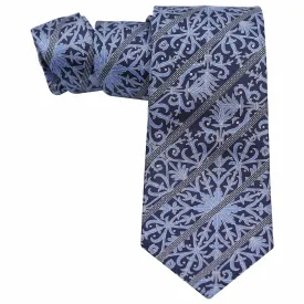 SKY BLUE PETALS ON BLACK WITH SILVER STRIPES SILK TIE