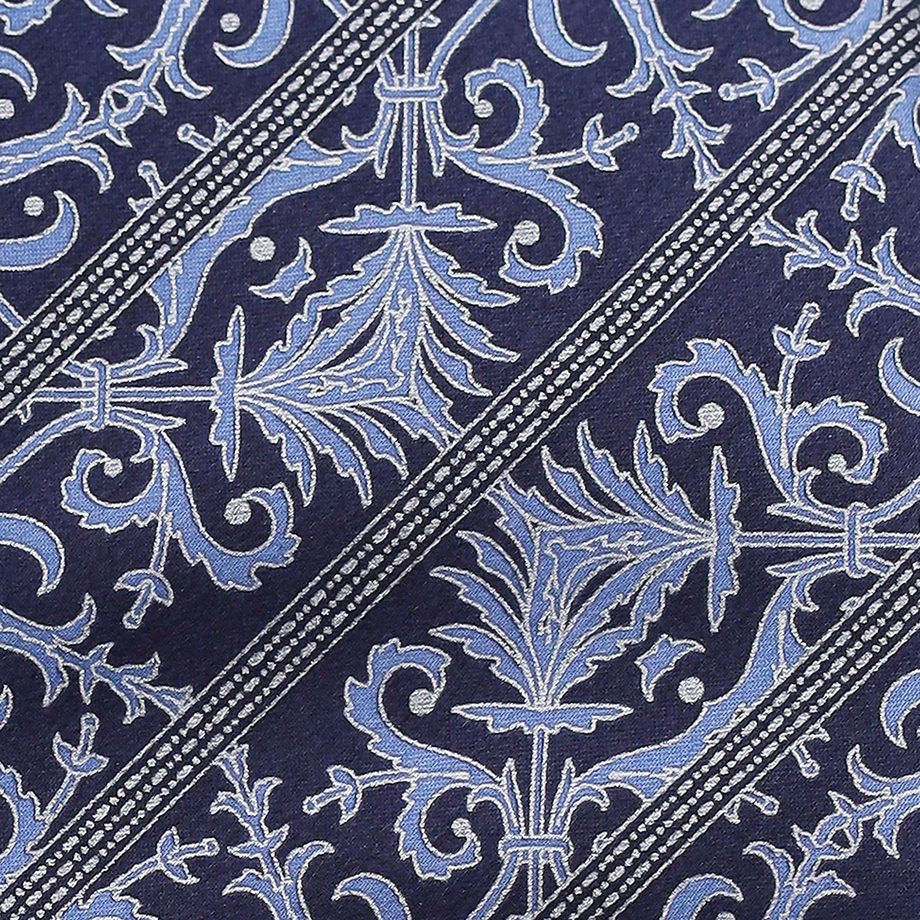 SKY BLUE PETALS ON BLACK WITH SILVER STRIPES SILK TIE