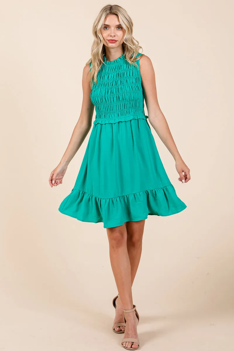 Sleeveless Smocked Ruffle Hem Shirred Mini Dress
