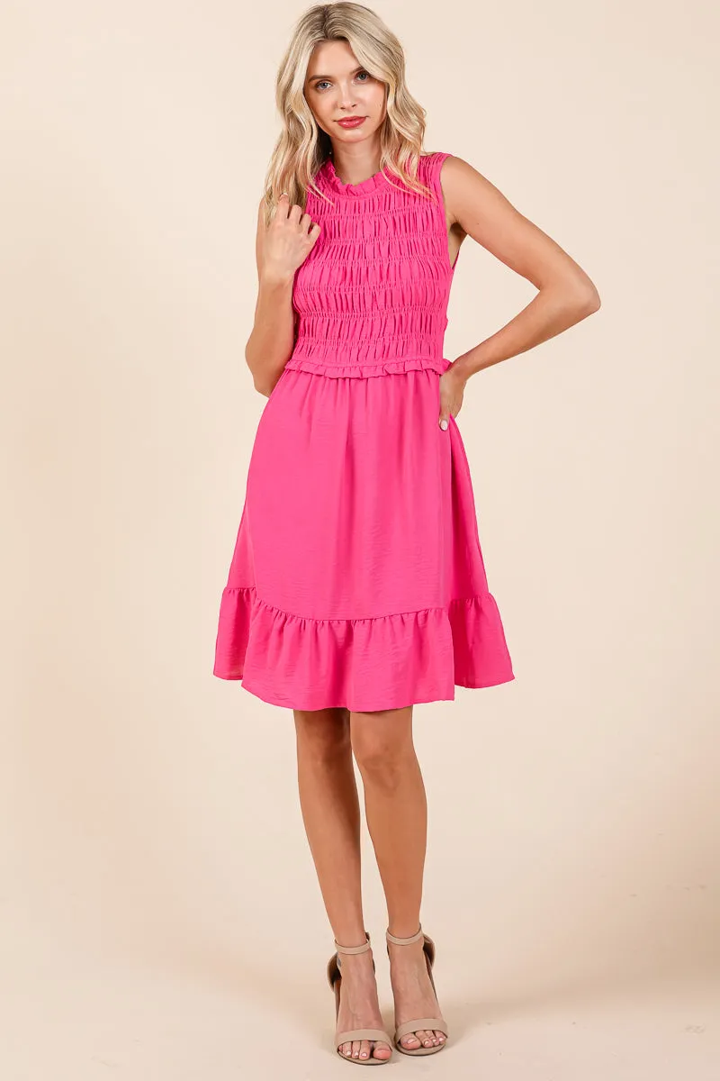 Sleeveless Smocked Ruffle Hem Shirred Mini Dress