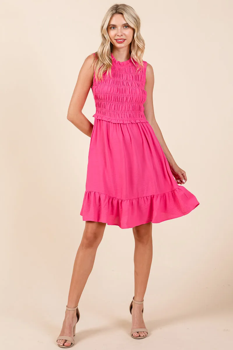 Sleeveless Smocked Ruffle Hem Shirred Mini Dress