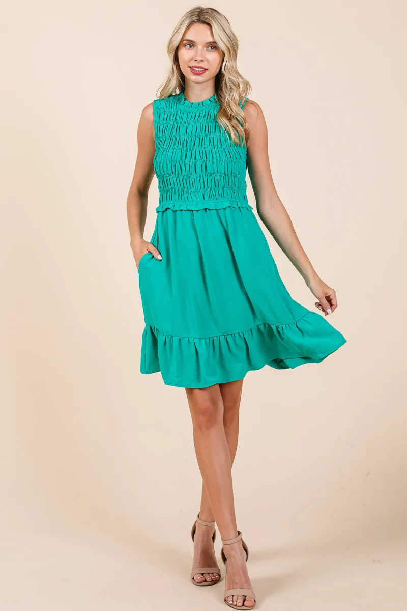 Sleeveless Smocked Ruffle Hem Shirred Mini Dress