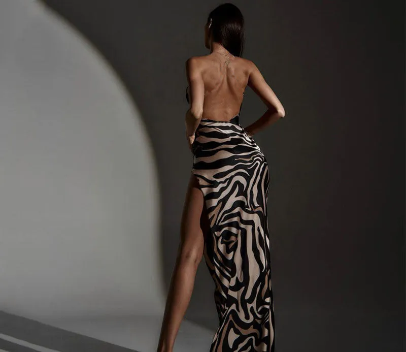 Summer New Fashion Print Slim Fit Split Open Back Bra Strap Dress