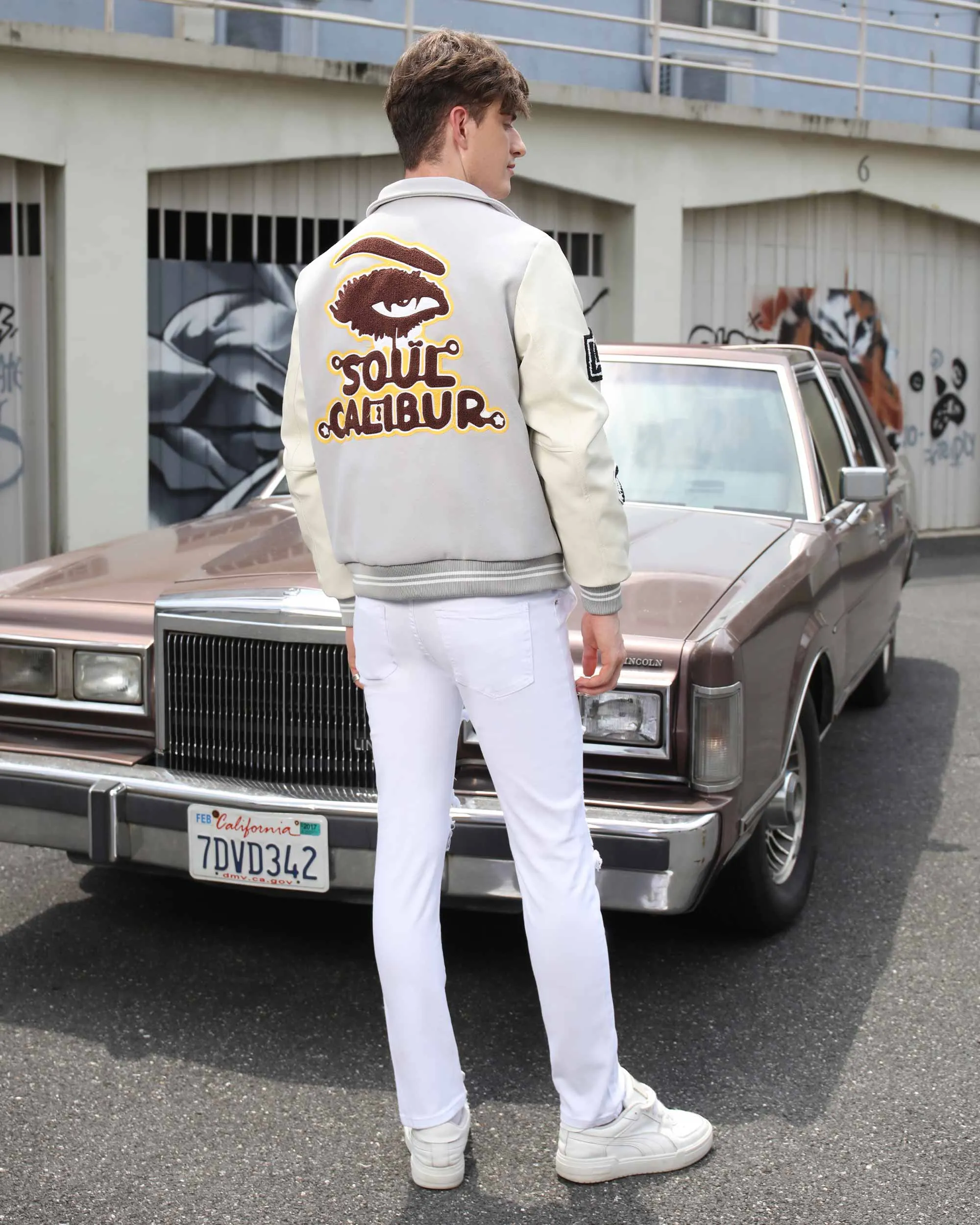 White Ripped Jeans with Yellow & Black Plaid Patches-Mexico Local Delivery