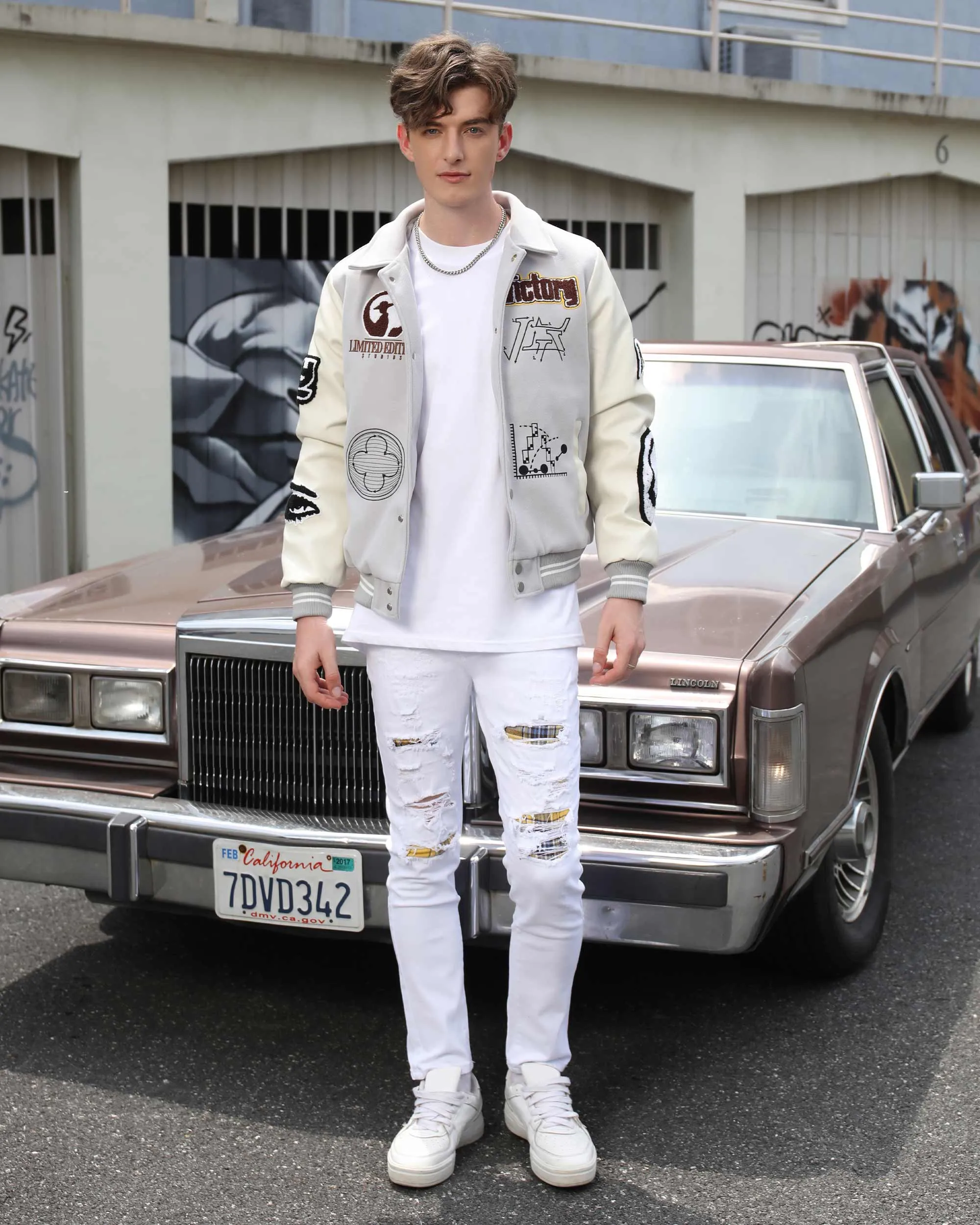 White Ripped Jeans with Yellow & Black Plaid Patches-Mexico Local Delivery