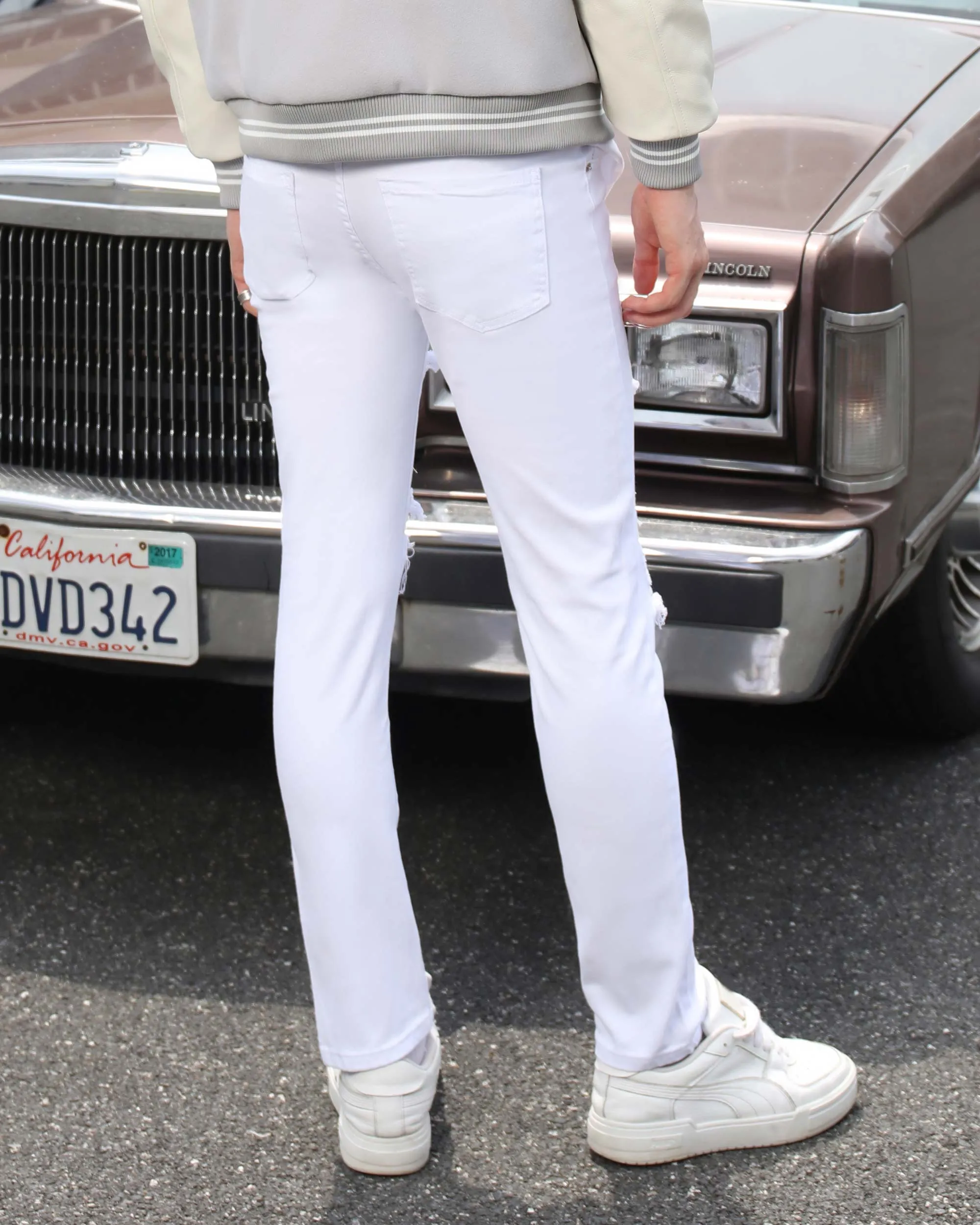 White Ripped Jeans with Yellow & Black Plaid Patches-Mexico Local Delivery