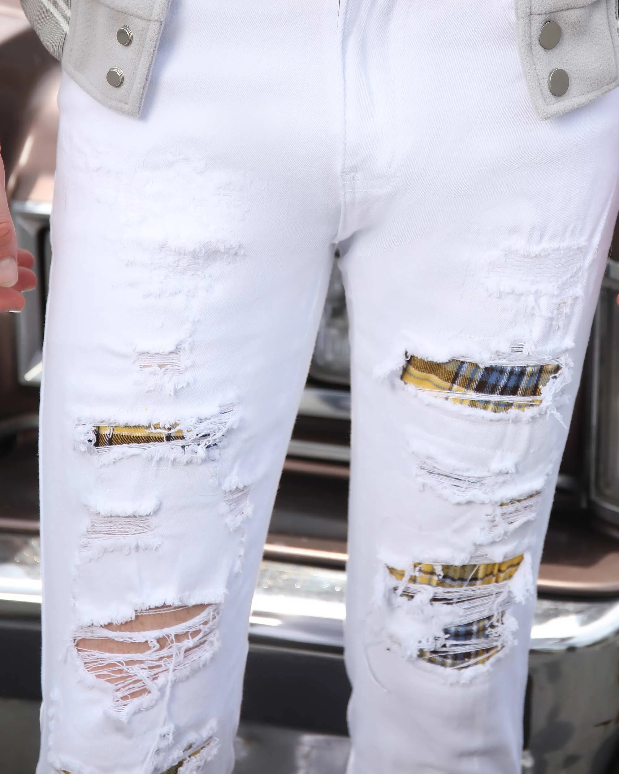 White Ripped Jeans with Yellow & Black Plaid Patches-Mexico Local Delivery