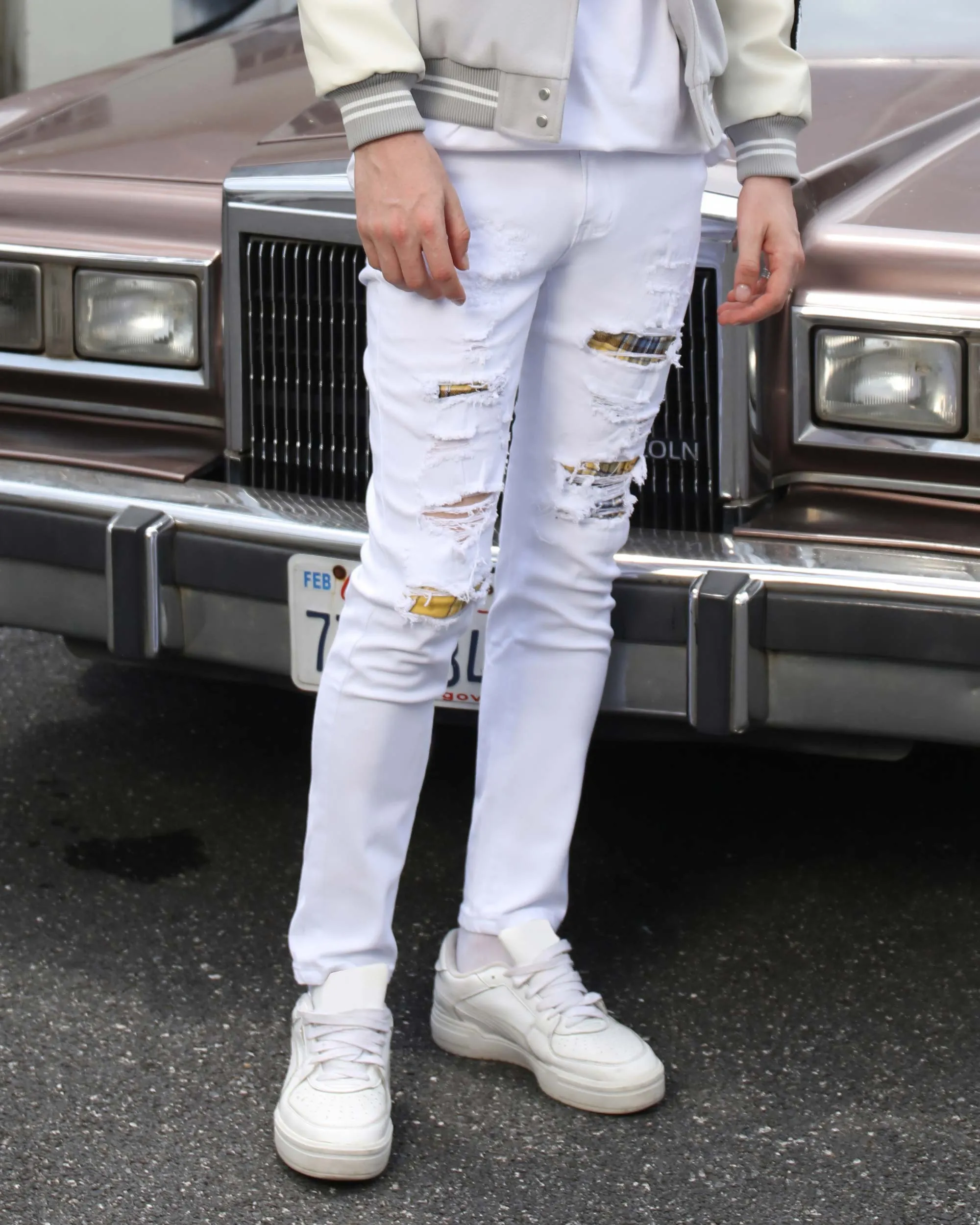 White Ripped Jeans with Yellow & Black Plaid Patches-Mexico Local Delivery