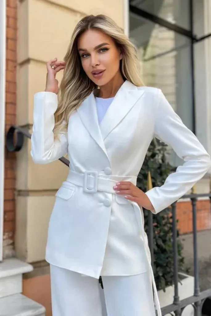 Women's White Belted Blazer Wedding Suit, Event wear Double Breasted 2 Piece Suit for Her