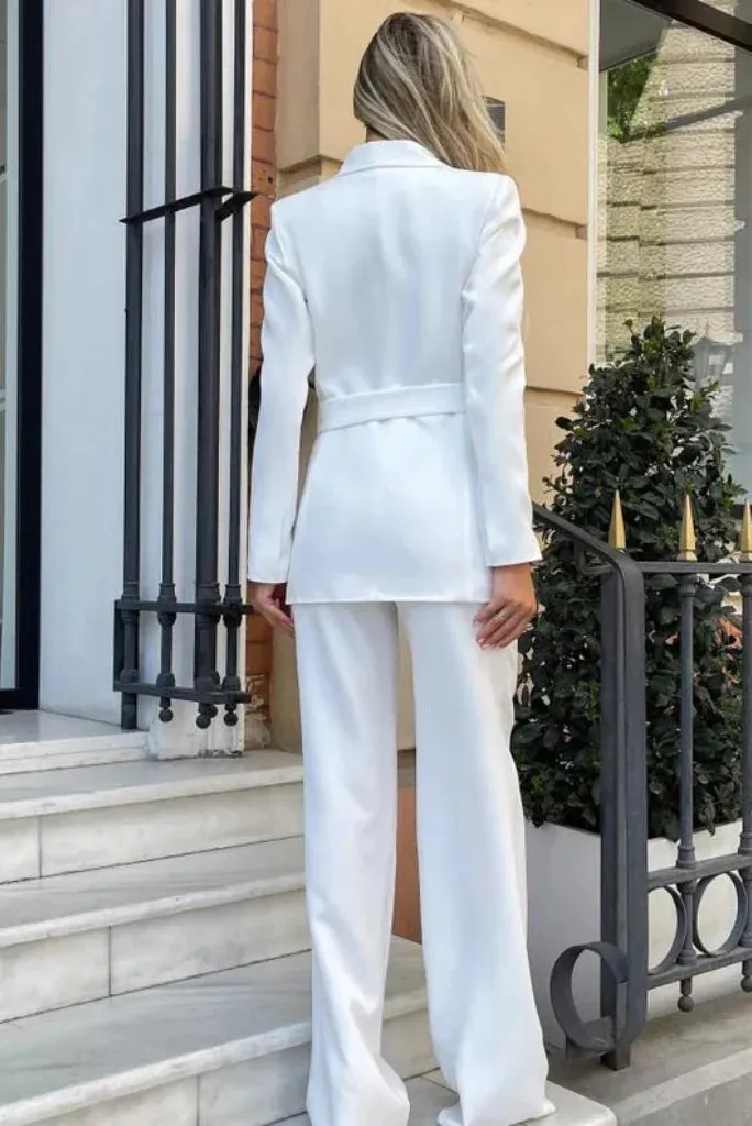 Women's White Belted Blazer Wedding Suit, Event wear Double Breasted 2 Piece Suit for Her